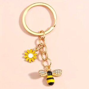 Bee Bag Charm Keychain Purse Trendy Stylish Glam Bumble Honey Flower Rhinestones
